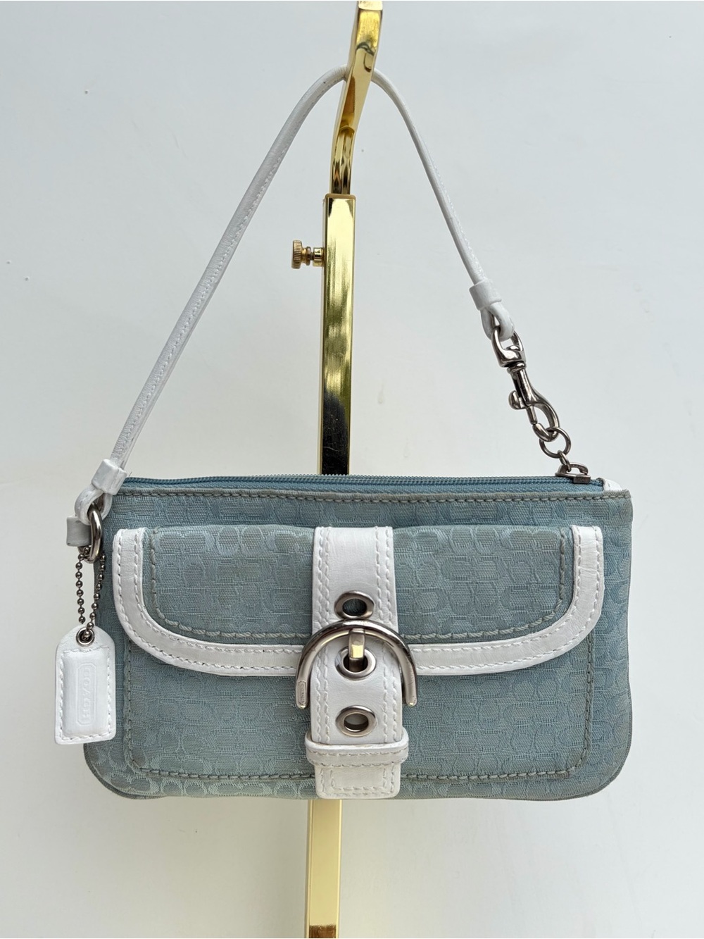 Vintage Coach Soho Blue Signature C Canvas White Leather Flap Wristlet Bag Y2K